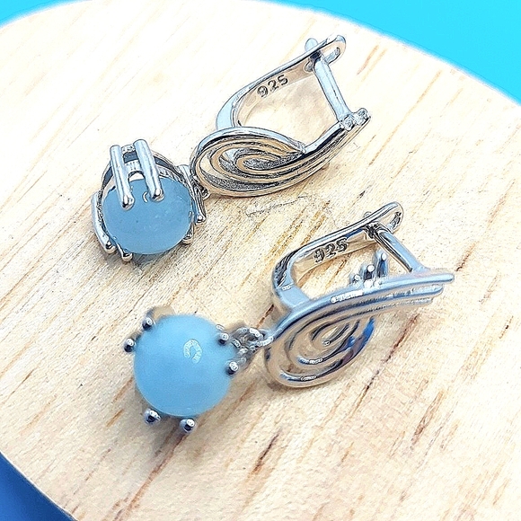 Natural Aquamarine 7mm 14K White Gold on 925 Sterling Silver Earrings - Picture 4 of 6